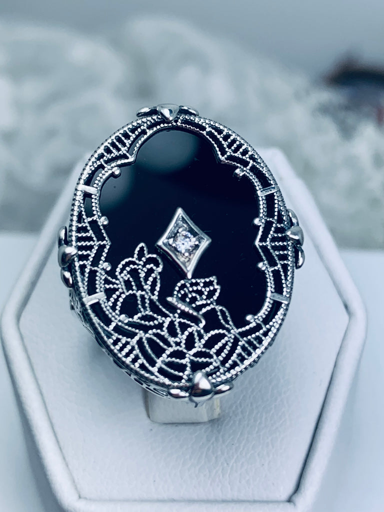 Black Stained Glass Oval Ring, Sterling silver filigree, White CZ Inset or Moissanite Inset, Vintage jewelry, Silver Embrace Jewelry, D594