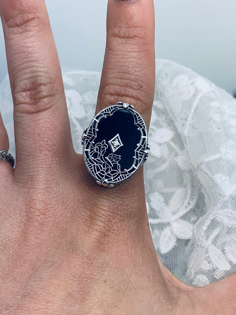 Black Stained Glass Oval Ring, Sterling silver filigree, White CZ Inset or Moissanite Inset, Vintage jewelry, Silver Embrace Jewelry, D594