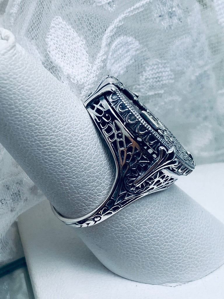 Black Stained Glass Oval Ring, Sterling silver filigree, White CZ Inset or Moissanite Inset, Vintage jewelry, Silver Embrace Jewelry, D594