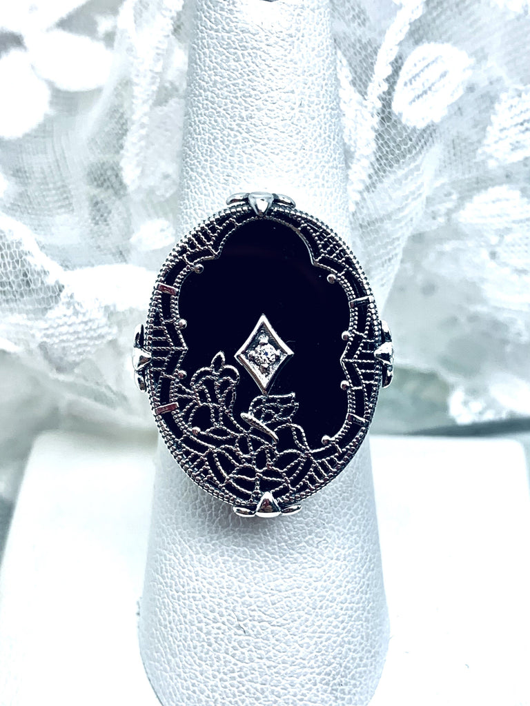 Black Stained Glass Oval Ring, Sterling silver filigree, White CZ Inset or Moissanite Inset, Vintage jewelry, Silver Embrace Jewelry, D594