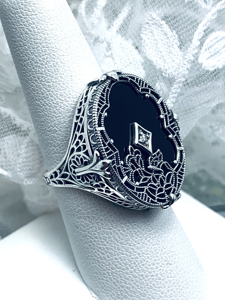 Black Stained Glass Oval Ring, Sterling silver filigree, White CZ Inset or Moissanite Inset, Vintage jewelry, Silver Embrace Jewelry, D594