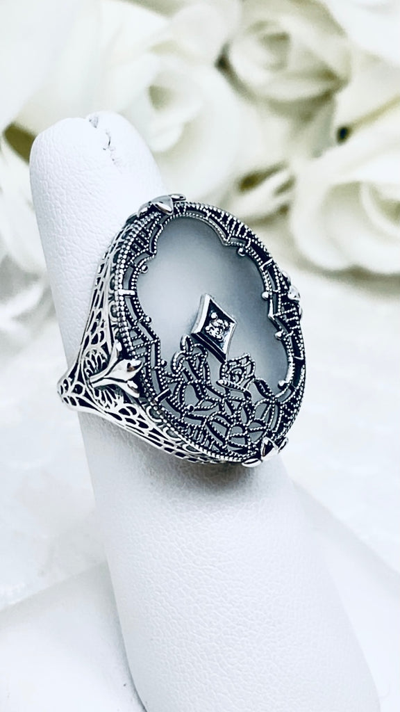 Frosted Camphor Stained Glass Oval Ring, Sterling silver filigree, White CZ Inset or Moissanite Inset, Vintage jewelry, Silver Embrace Jewelry, D594