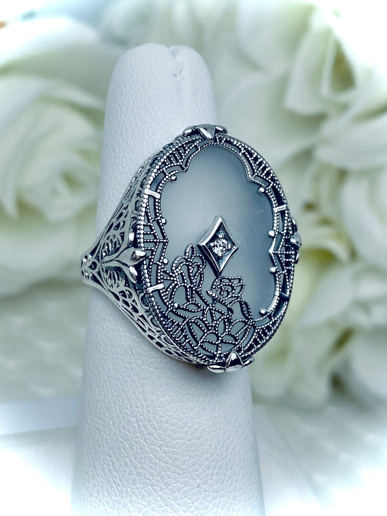 Frosted Camphor Stained Glass Oval Ring, Sterling silver filigree, White CZ Inset or Moissanite Inset, Vintage jewelry, Silver Embrace Jewelry, D594