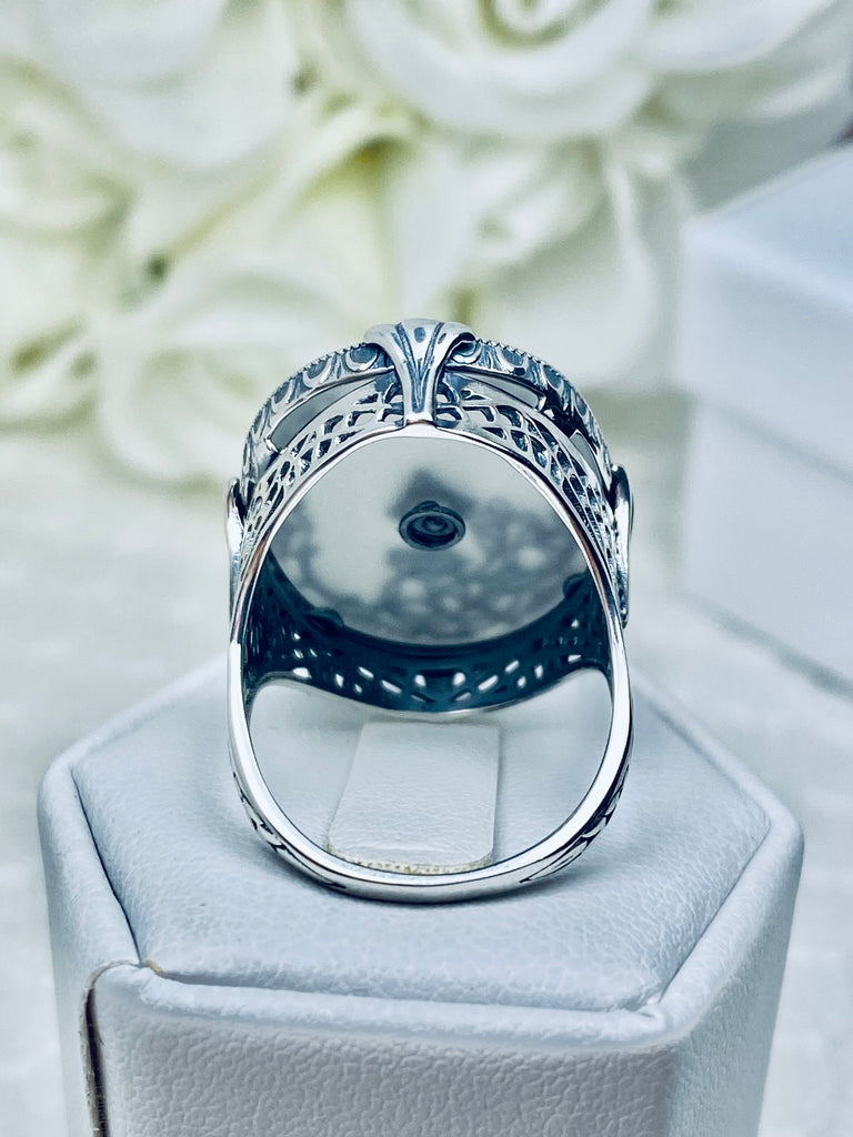 Frosted Camphor Stained Glass Oval Ring, Sterling silver filigree, White CZ Inset or Moissanite Inset, Vintage jewelry, Silver Embrace Jewelry, D594