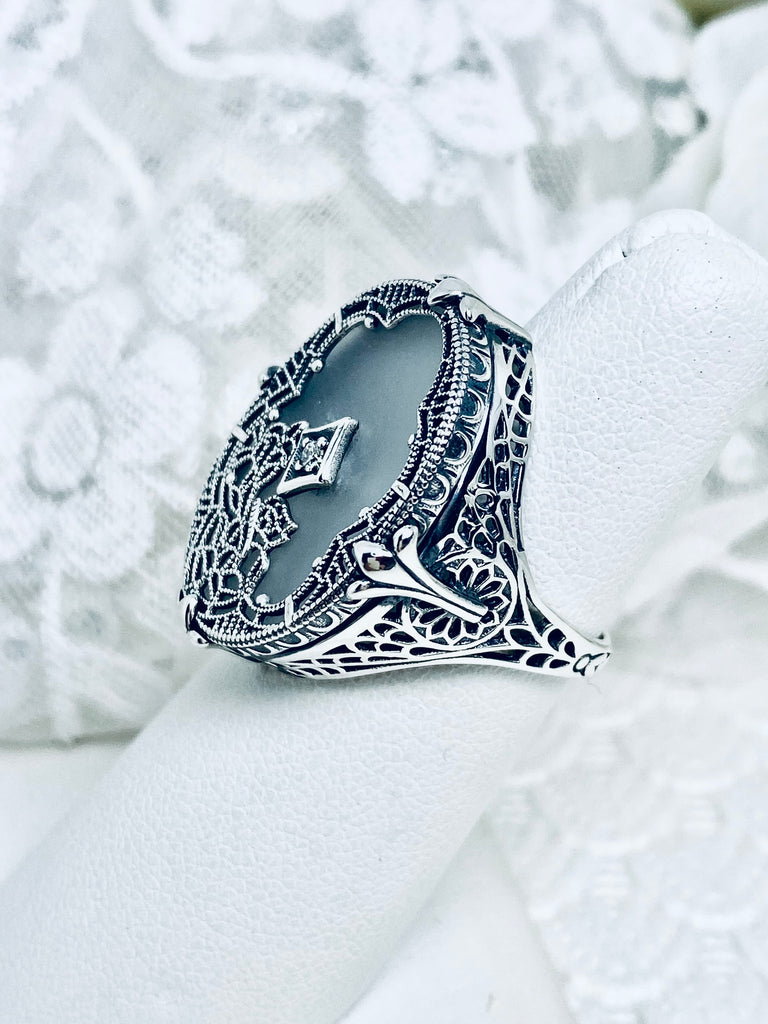 Frosted Camphor Stained Glass Oval Ring, Sterling silver filigree, White CZ Inset or Moissanite Inset, Vintage jewelry, Silver Embrace Jewelry, D594