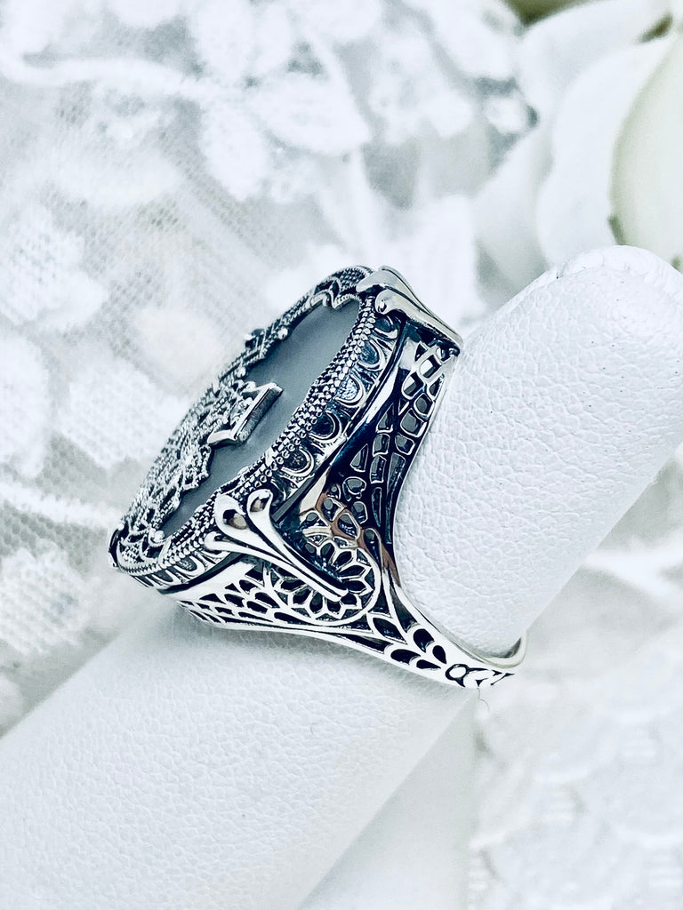 Frosted Camphor Stained Glass Oval Ring, Sterling silver filigree, White CZ Inset or Moissanite Inset, Vintage jewelry, Silver Embrace Jewelry, D594