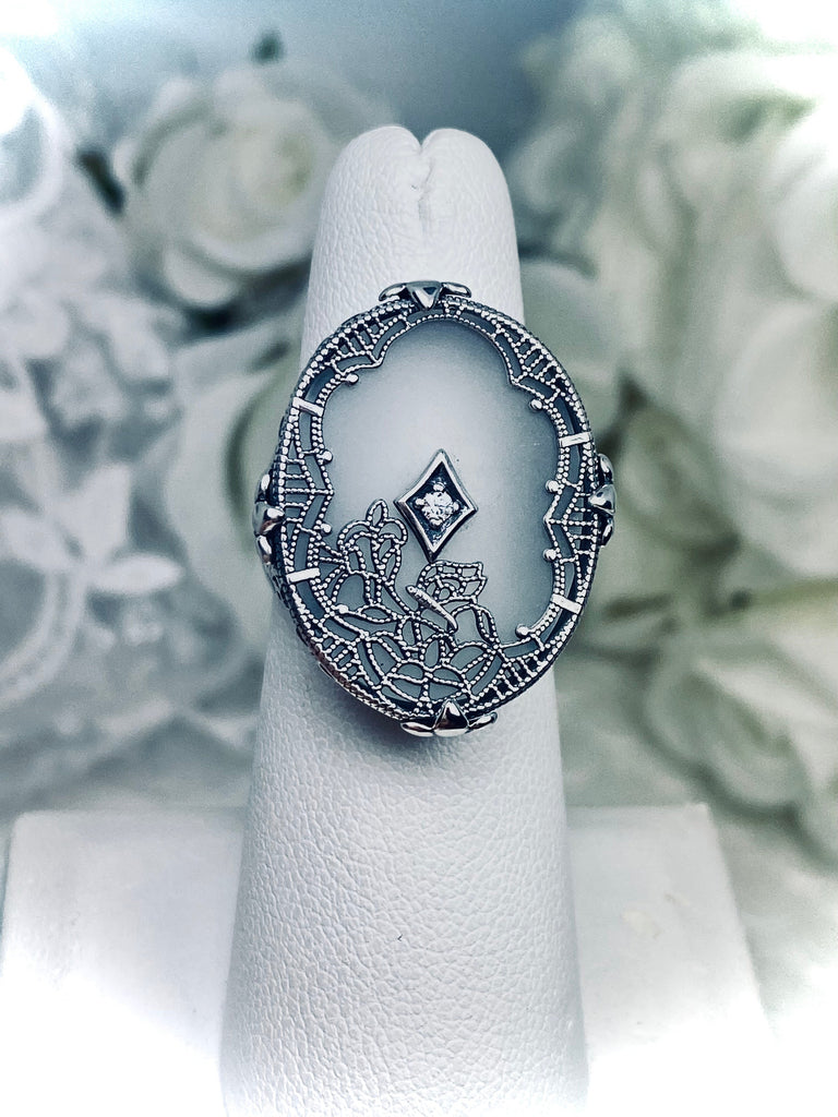 Frosted Camphor Stained Glass Oval Ring, Sterling silver filigree, White CZ Inset or Moissanite Inset, Vintage jewelry, Silver Embrace Jewelry, D594
