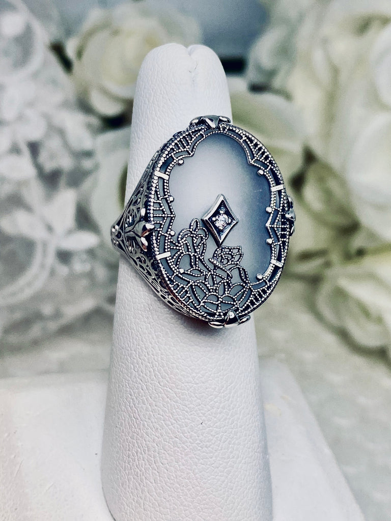 Frosted Camphor Stained Glass Oval Ring, Sterling silver filigree, White CZ Inset or Moissanite Inset, Vintage jewelry, Silver Embrace Jewelry, D594