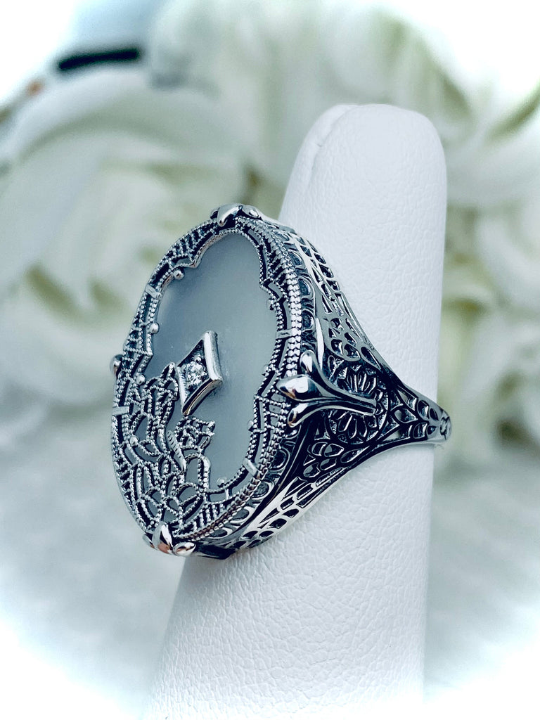 Frosted Camphor Stained Glass Oval Ring, Sterling silver filigree, White CZ Inset or Moissanite Inset, Vintage jewelry, Silver Embrace Jewelry, D594