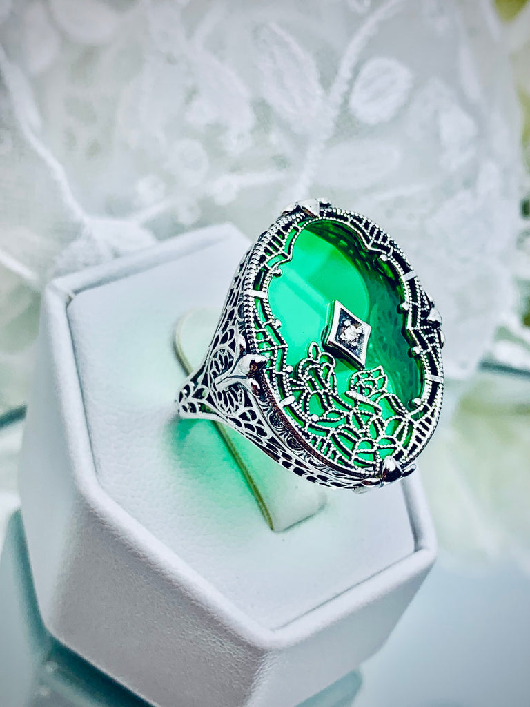 Green Stained Glass Oval Ring, Sterling silver filigree, White CZ Inset or Moissanite Inset, Vintage jewelry, Silver Embrace Jewelry, D594