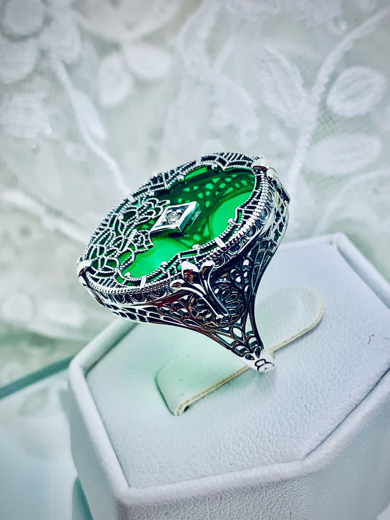 Green Stained Glass Oval Ring, Sterling silver filigree, White CZ Inset or Moissanite Inset, Vintage jewelry, Silver Embrace Jewelry, D594