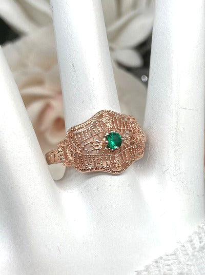 Natural Green Emerald Ring, Art Deco vintage style, solitaire with Rose gold plated sterling silver filigree, Vintage Jewelry, Silver Embrace Jewelry D218 DecoVic