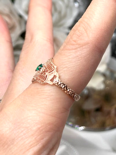 Natural Green Emerald Ring, Art Deco vintage style, solitaire with Rose gold plated sterling silver filigree, Vintage Jewelry, Silver Embrace Jewelry D218 DecoVic