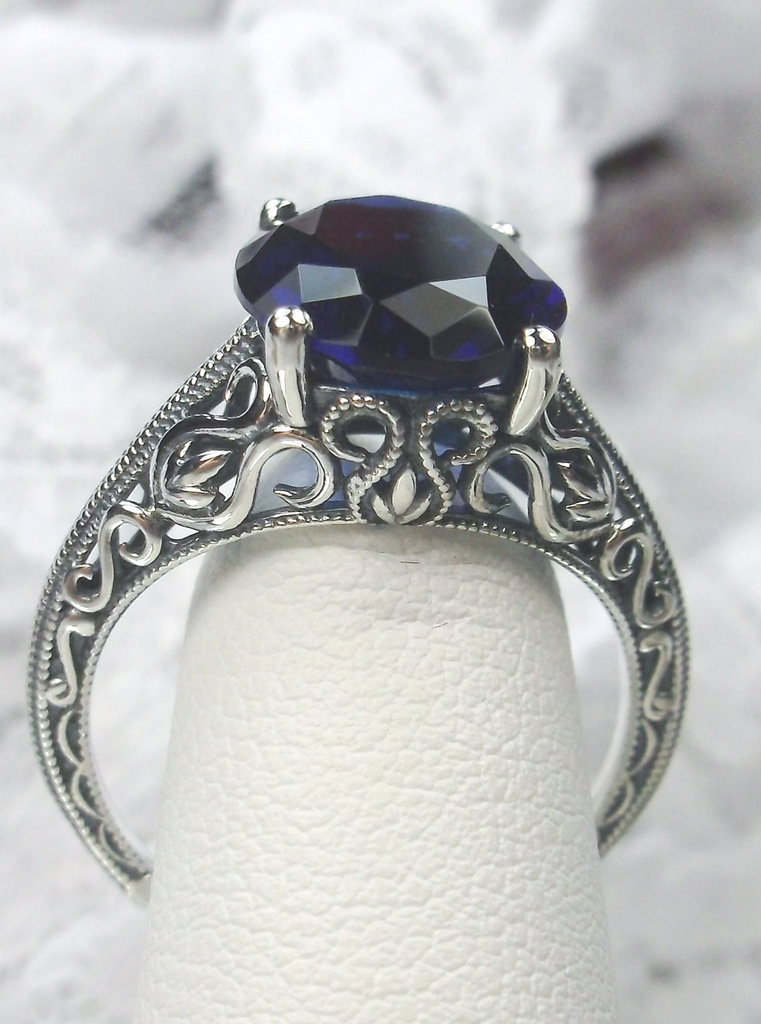 Blue Sapphire Ring, Swan Sterling Silver Filigree, Art Deco Jewelry, D190 Swan Ring