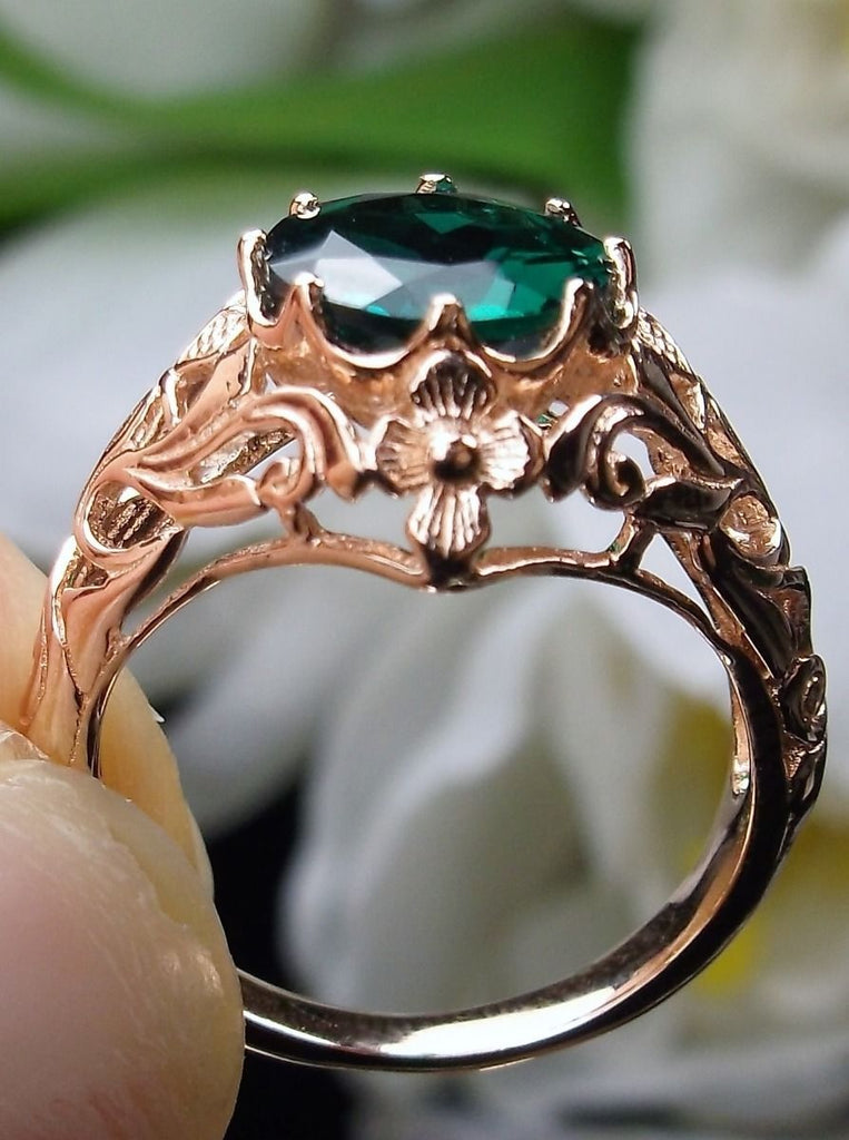 Emerald green ring, rose gold plated sterling silver floral filigree, Silver Embrace Jewelry, daisy design #D66