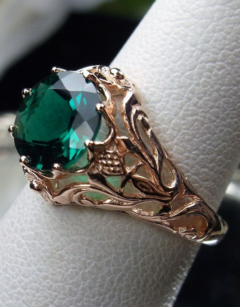 Emerald green ring, rose gold plated sterling silver floral filigree, Silver Embrace Jewelry, daisy design #D66