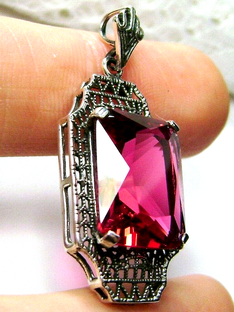 Red Ruby Pendant, sterling silver filigree, 1930s Vintage style jewelry, Silver Embrace Jewelry P13