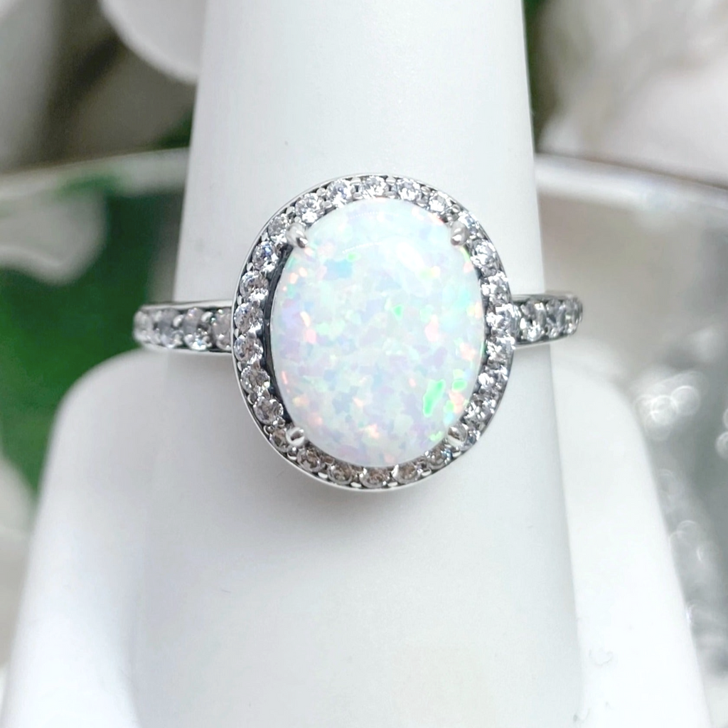 Opal gem ring surrounded by White CZ gemstones, with White CZ gems down the side of the ring, Opal Ring, Art Deco Sterling silver Filigree, D228 | Silver Embrace Jewelry