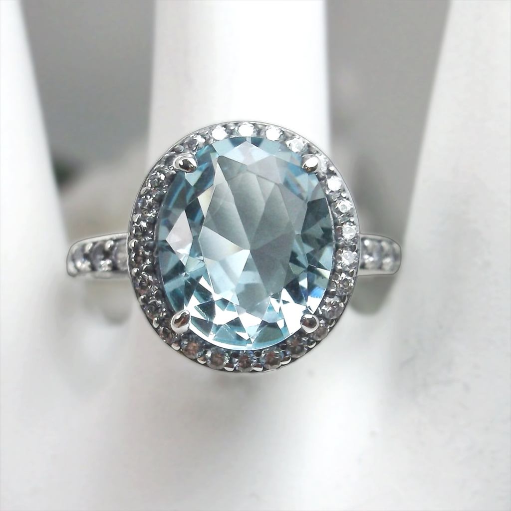 Sky Blue Aquamarine Ring, Sterling Silver Filigree, Halo Design, Silver Embrace Jewelry, Art Deco Jewelry, D228