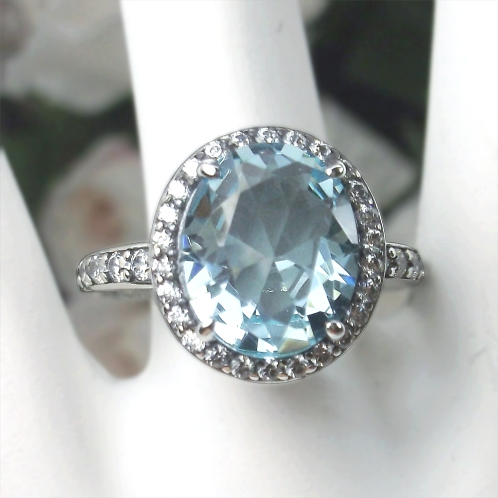 Sky Blue Aquamarine Ring, Sterling Silver Filigree, Halo Design, Silver Embrace Jewelry, Art Deco Jewelry, D228