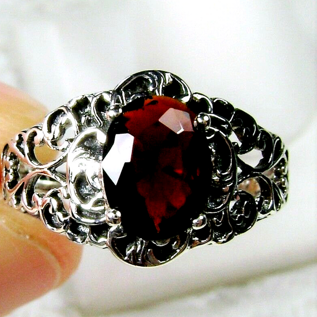 Natural Garnet Ring, oval Red Gemstone in Sterling Silver Filigree, Art Nouveau Jewelry, Silver Embrace Jewelry, #D14