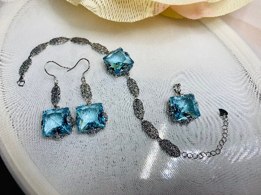 Square Victorian Set, Earrings, Necklace with Chain, Bracelet Sky Blue Aquamarine Jewelry, Sterling silver Jewelry, Silver Embrace Jewelry, S77
