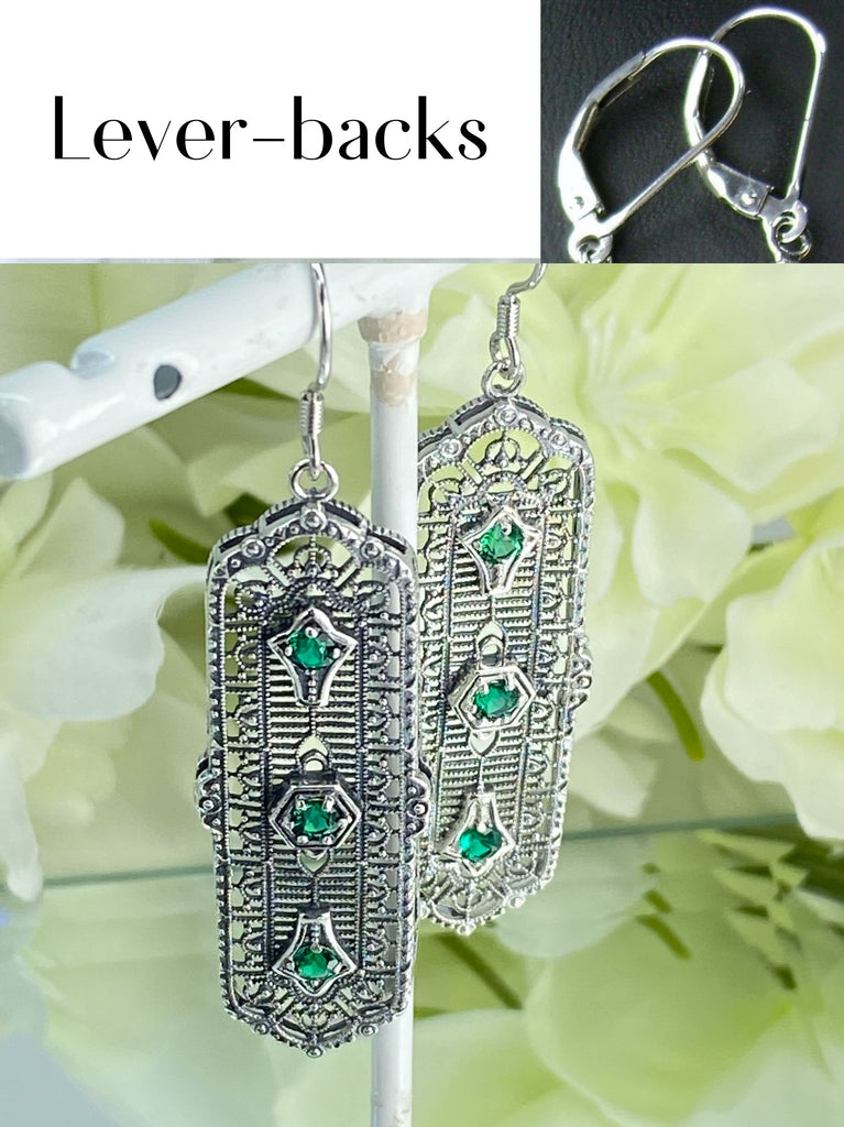 Natural Emerald Earrings, Edwardian Intricate Filigree, 3 Kings, Sterling Silver Jewelry, Silver Embrace Jewelry, E197 - Leverbacks