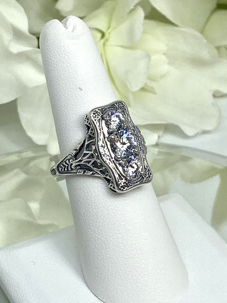 White CZ Ring, 3 round gems set in a rectangle design, Vintage style sterling silver filigree, D60 Three stone rectangle, Trinity ring