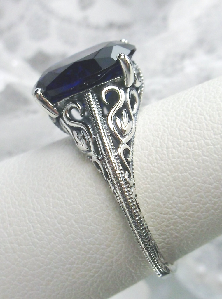 Blue Sapphire Ring, Swan Sterling Silver Filigree, Art Deco Jewelry, D190 Swan Ring
