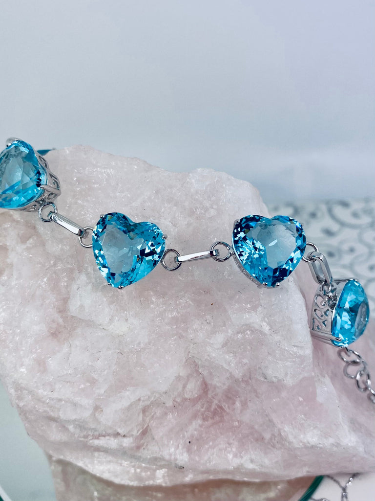 Sky Blue Aquamarine Heart Gems, Heart Bracelet, Victorian Jewelry, Vintage-style bracelet, Silver Embrace Jewelry, B38