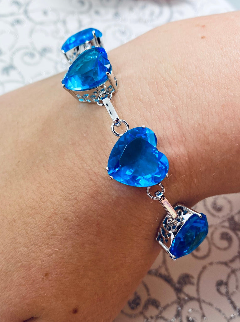 Swiss Blue Topaz Bracelet, Heart Gems, Victorian Reproduction Jewelry, Sterling Silver filigree, silver embrace jewelry