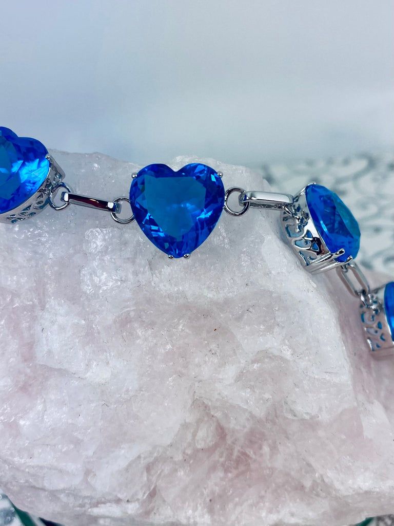Swiss Blue Topaz Heart Gems, Heart Bracelet, Victorian Jewelry, Vintage-style bracelet, Silver Embrace Jewelry, B38