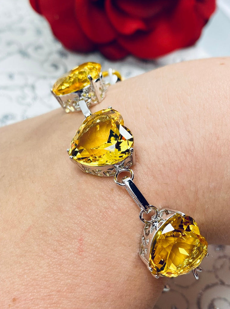 Yellow Citrine Bracelet, Heart Gems, Victorian Reproduction Jewelry, Sterling Silver filigree, Silver embrace jewelry