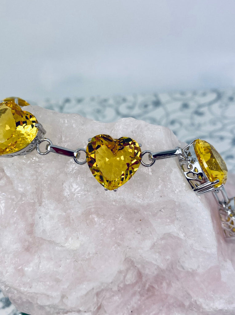 Yellow Citrine Bracelet, Heart Gems, Victorian Reproduction Jewelry, Sterling Silver filigree, Silver embrace jewelry