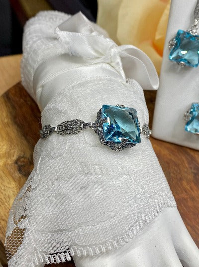Square Victorian Bracelet Sky Blue Aquamarine Jewelry, Sterling silver Jewelry, Silver Embrace Jewelry, S77