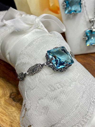 Square Victorian Bracelet Sky Blue Aquamarine Jewelry, Sterling silver Jewelry, Silver Embrace Jewelry, S77