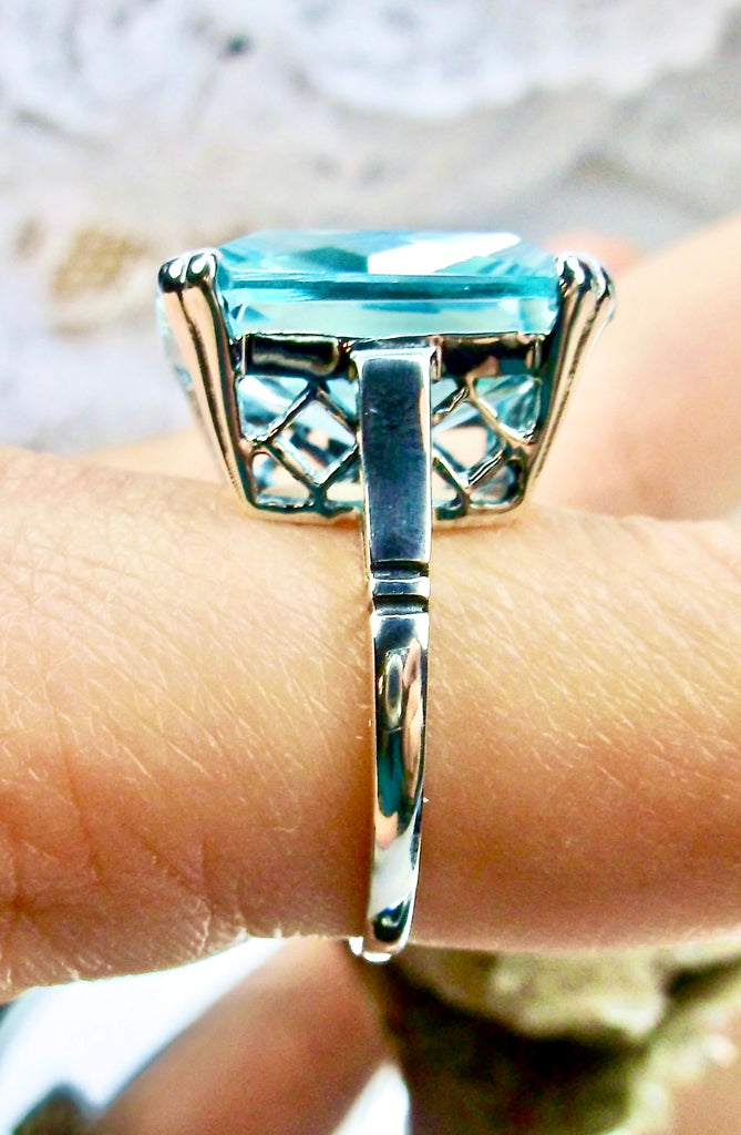 Sky Blue Aquamarine Ring, E Ring, Sterling Silver Filigree, Art Deco style Jewelry D1, E Ring, Silver Embrace Jewelry