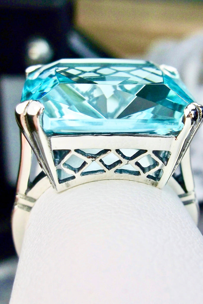 Sky Blue Aquamarine Ring, E Ring, Sterling Silver Filigree, Art Deco style Jewelry D1, E Ring, Silver Embrace Jewelry
