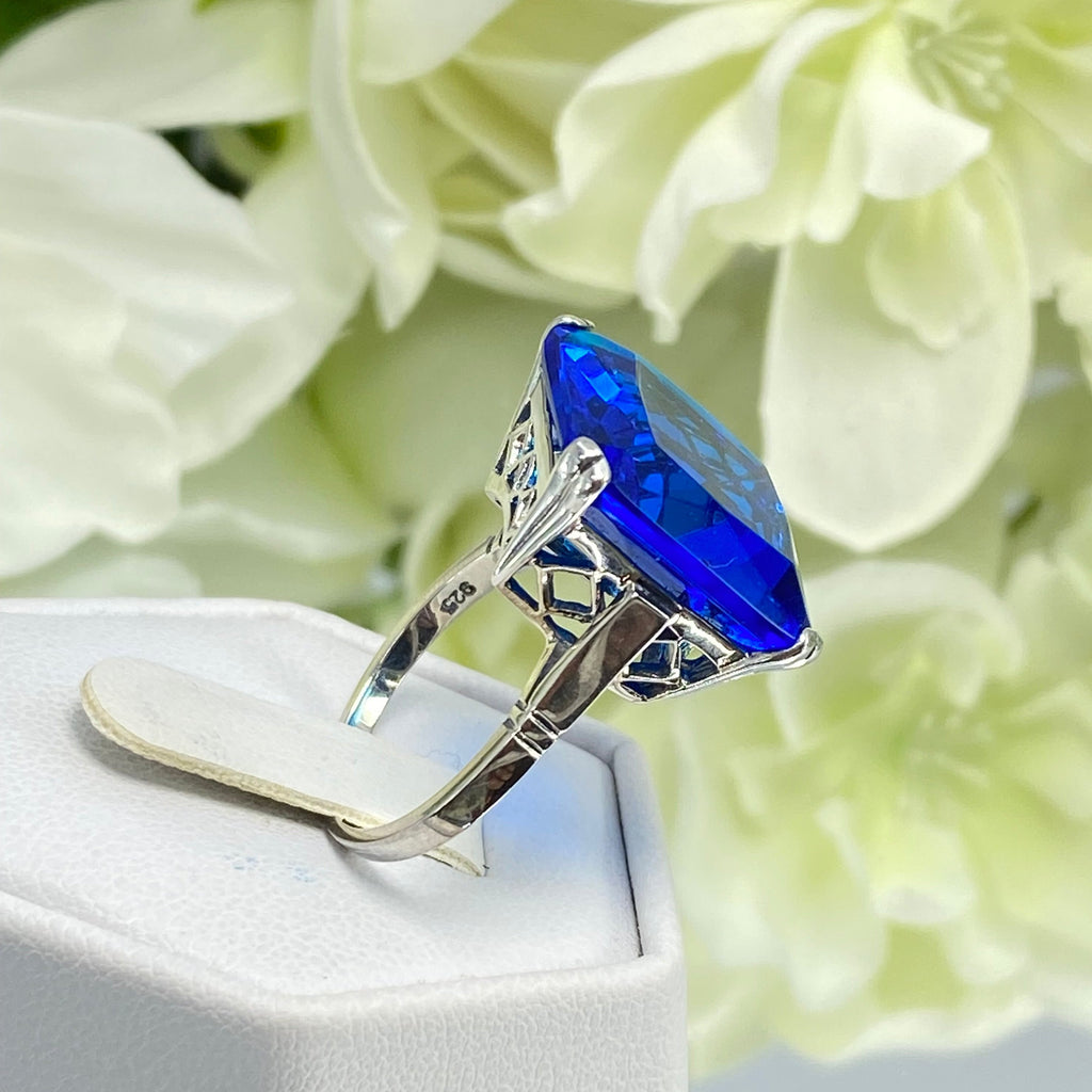 Blue Sapphire Ring, E Ring, Art deco Ring, Silver Embrace Jewelry, Sterling Silver Filigree, D1