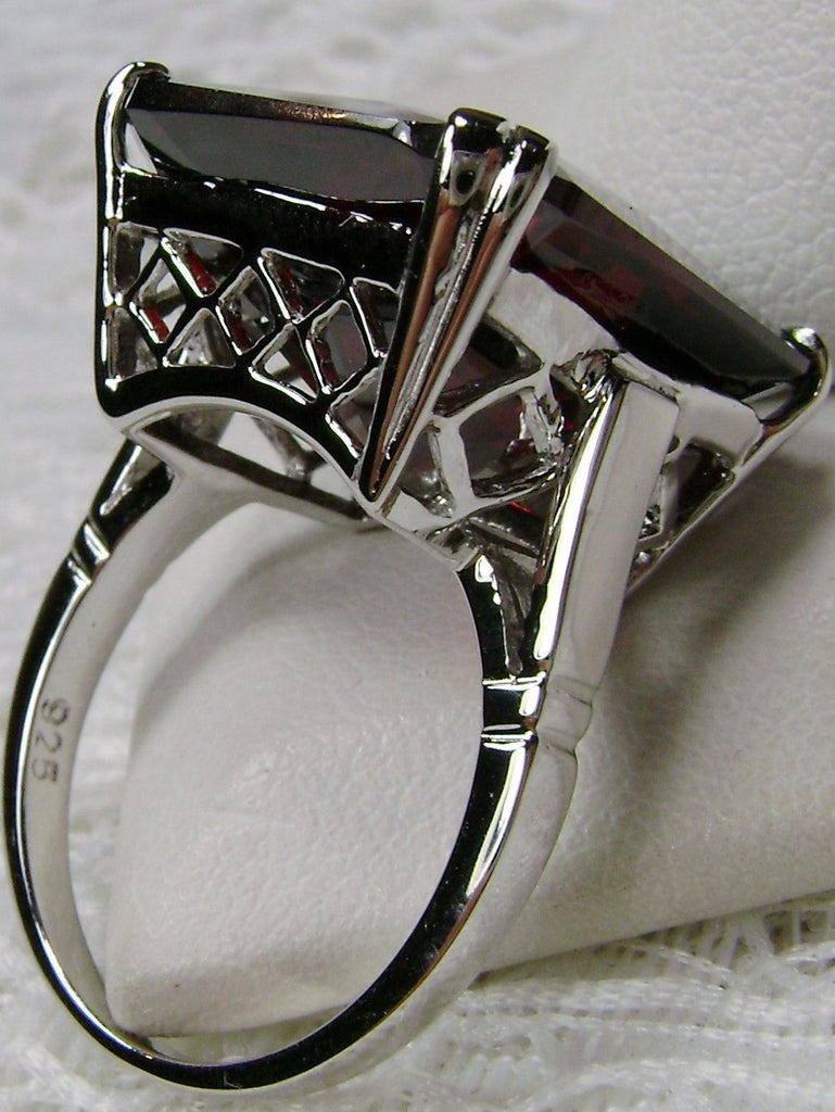 Garnet Ring, Large square Red Garnet gem in crisscross basket-weave filigree, art deco styled ring, Art Deco Jewelry, Silver Embrace Jewelry