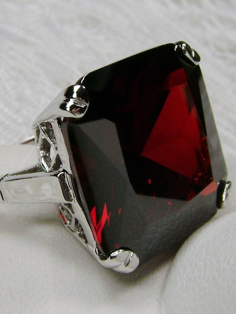 Garnet Ring, Large square Red Garnet gem in crisscross basket-weave filigree, art deco styled ring, Art Deco Jewelry, Silver Embrace Jewelry