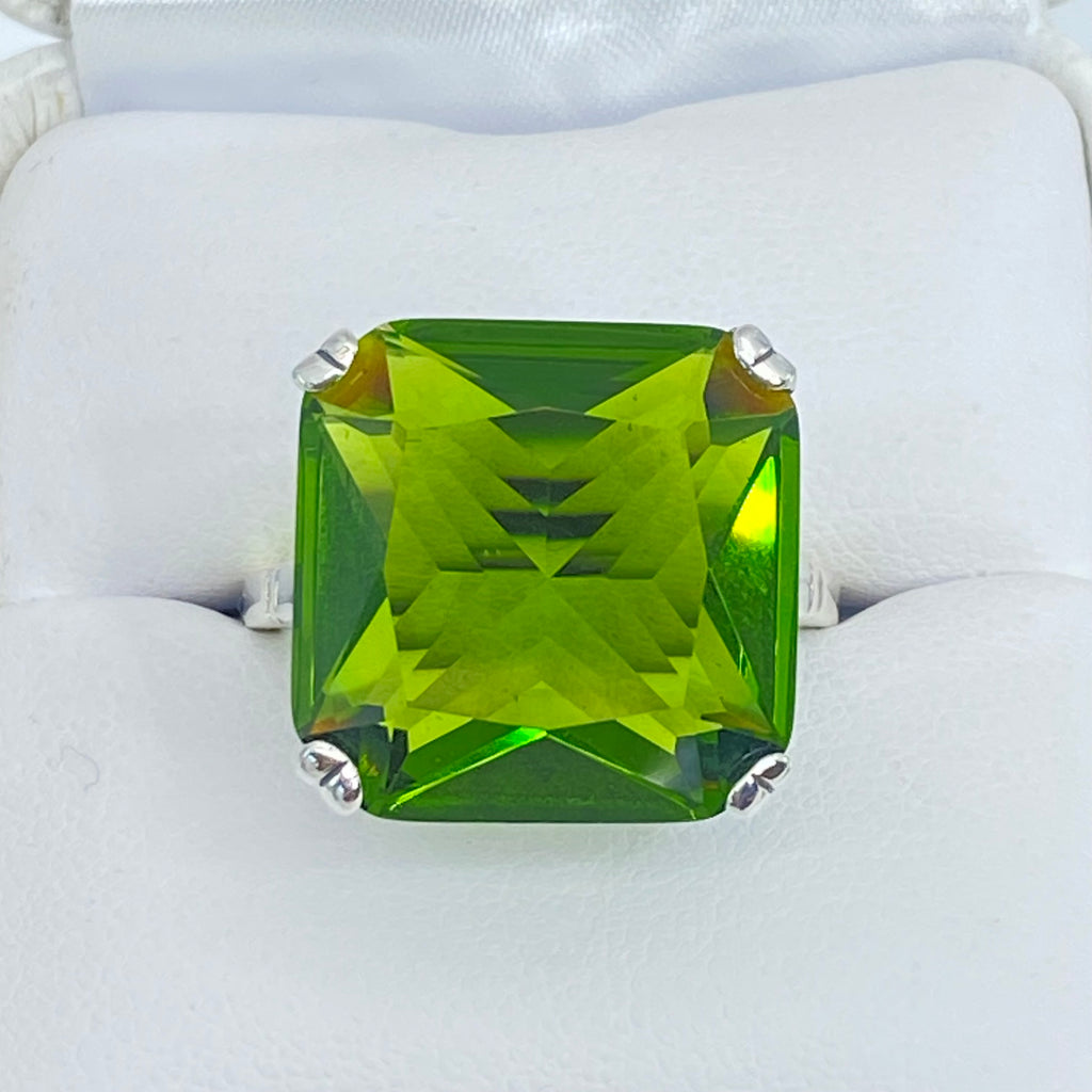 Green Peridot Ring, Large square gem in crisscross basket-weave filigree, art deco styled ring, Art Deco Jewelry, Silver Embrace Jewelry