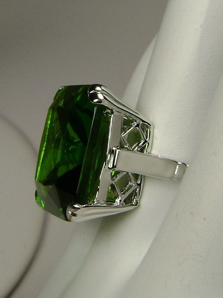 Green Peridot Ring, Large square gem in crisscross basket-weave filigree, art deco styled ring, Art Deco Jewelry, Silver Embrace Jewelry