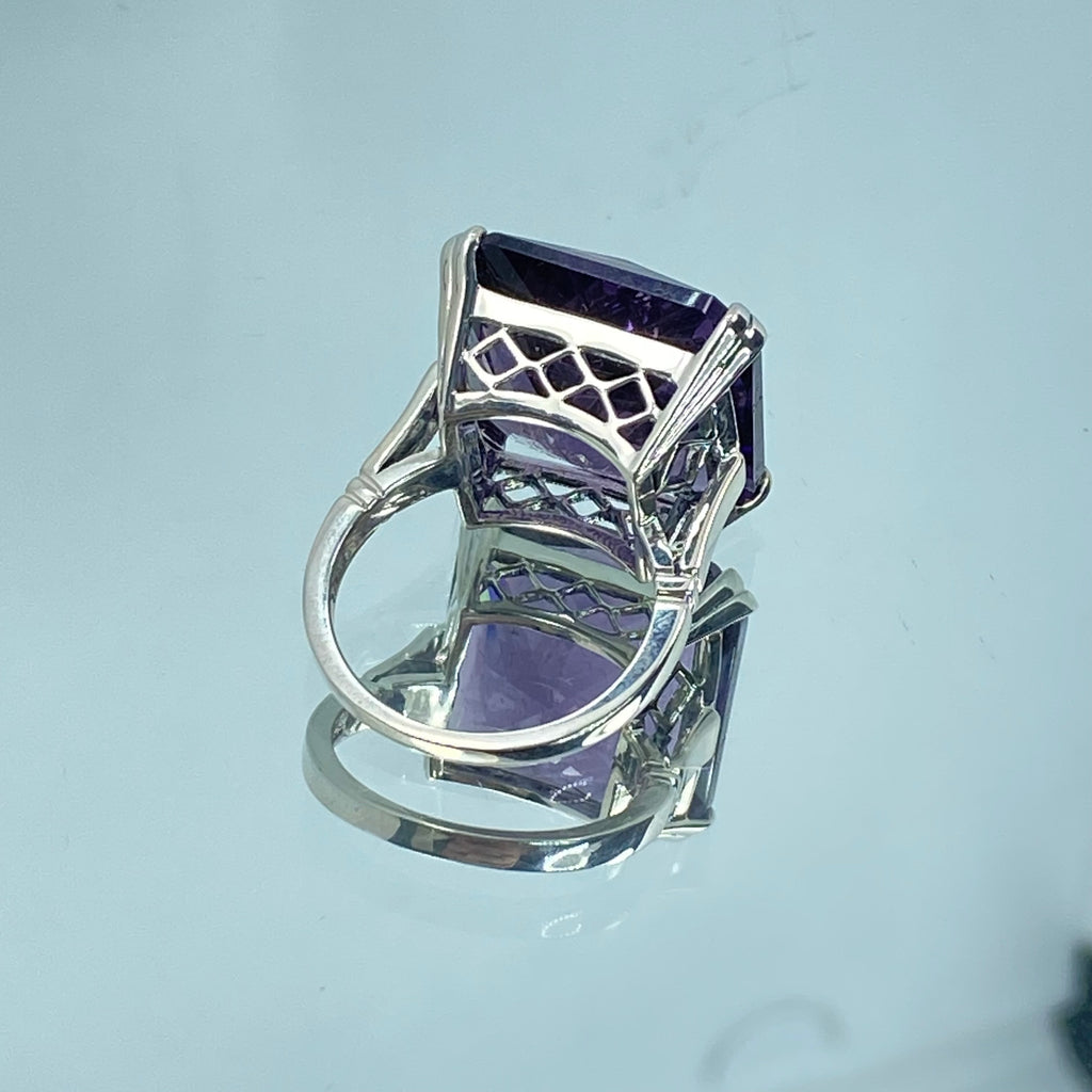 Amethyst Ring, large square purple amethyst gem in crisscross basket-weave filigree art deco styled, D1, silver Embrace jewelry, sterling silver retro style jewelry