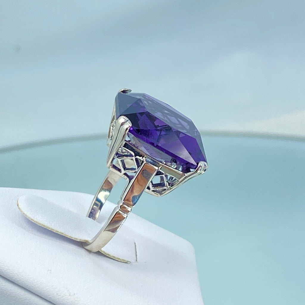 Amethyst Ring, large square purple amethyst gem in crisscross basket-weave filigree art deco styled, D1, silver Embrace jewelry, sterling silver retro style jewelry