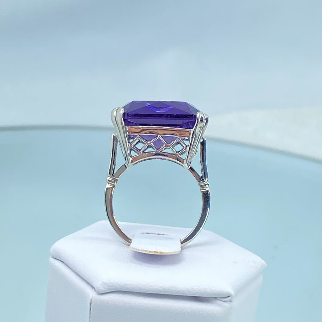 Amethyst Ring, large square purple amethyst gem in crisscross basket-weave filigree art deco styled, D1, silver Embrace jewelry, sterling silver retro style jewelry