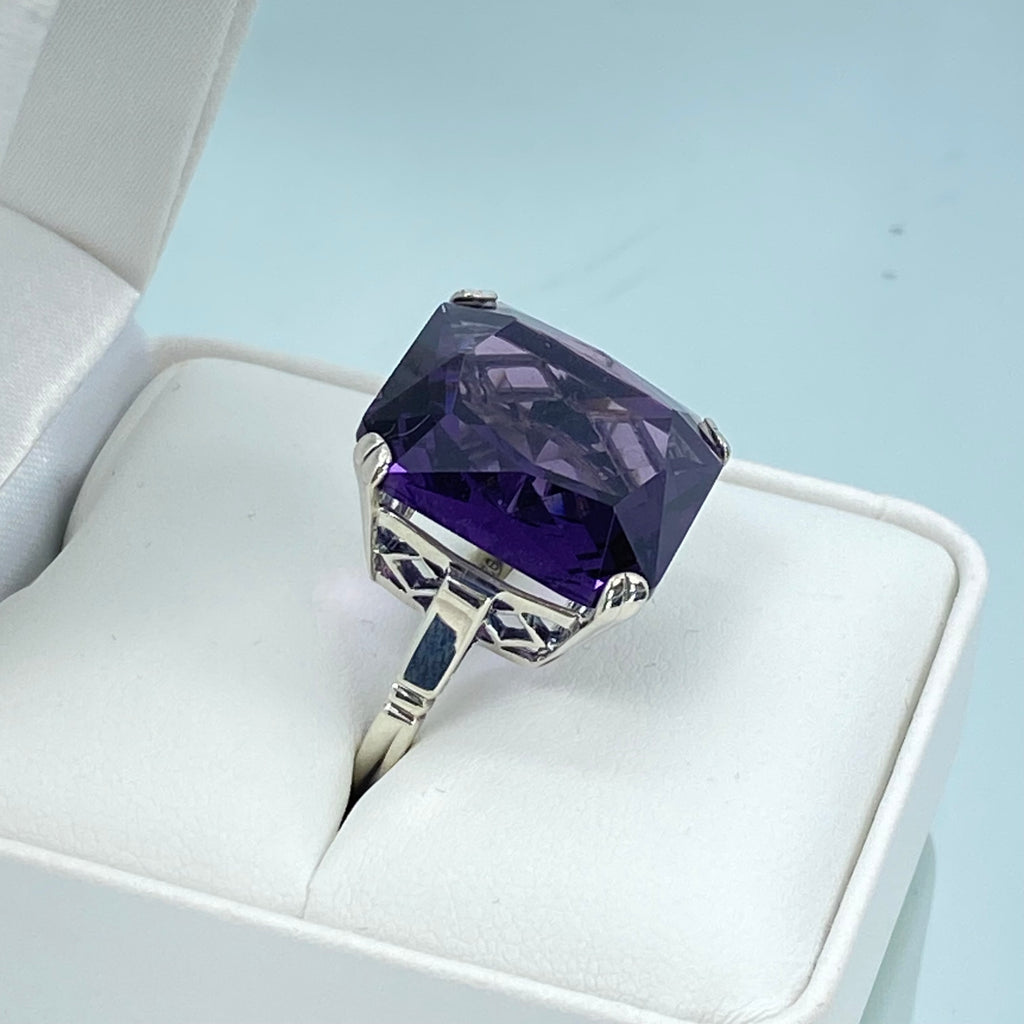 Amethyst Ring, large square purple amethyst gem in crisscross basket-weave filigree art deco styled, D1, silver Embrace jewelry, sterling silver retro style jewelry