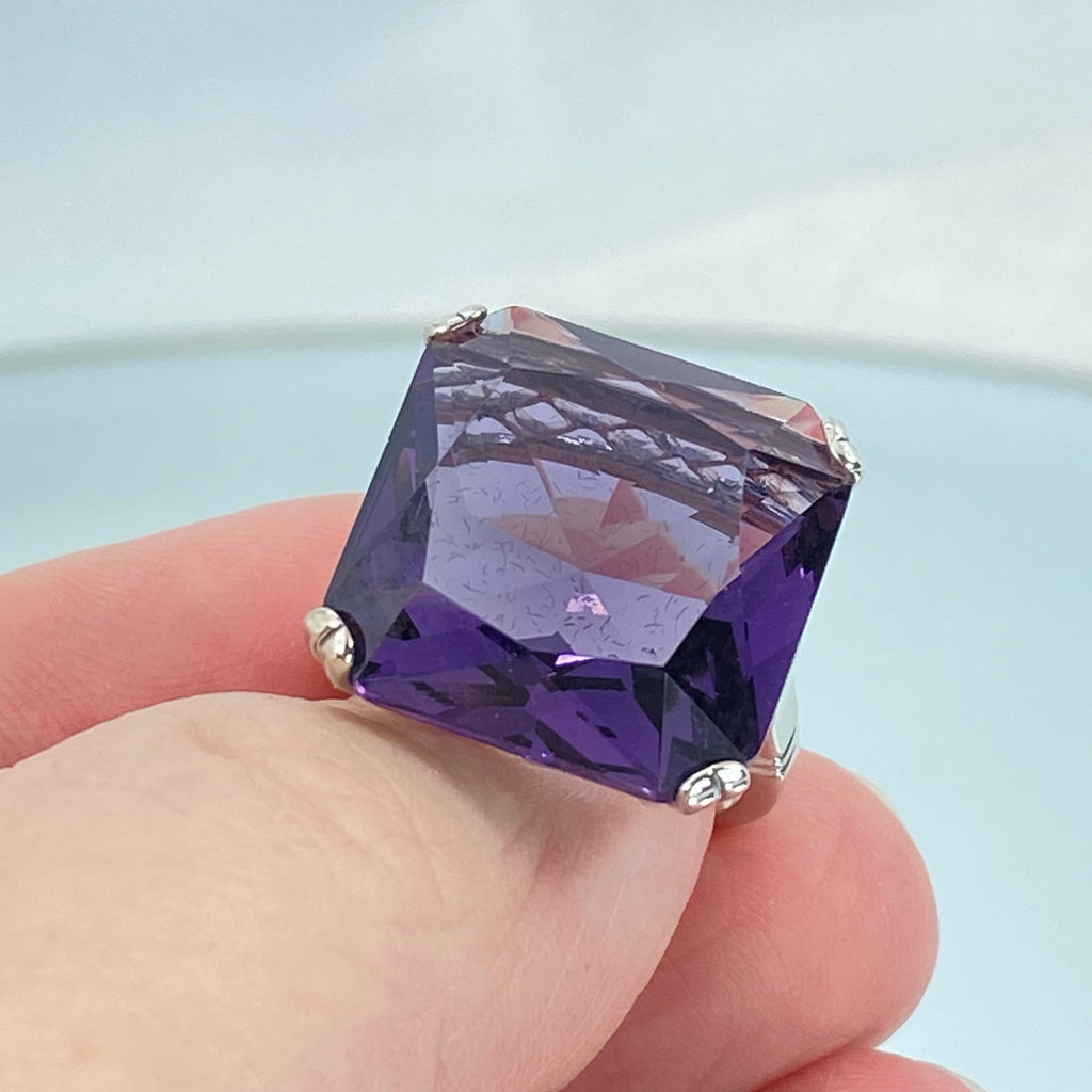 Amethyst Ring, large square purple amethyst gem in crisscross basket-weave filigree art deco styled, D1, silver Embrace jewelry, sterling silver retro style jewelry