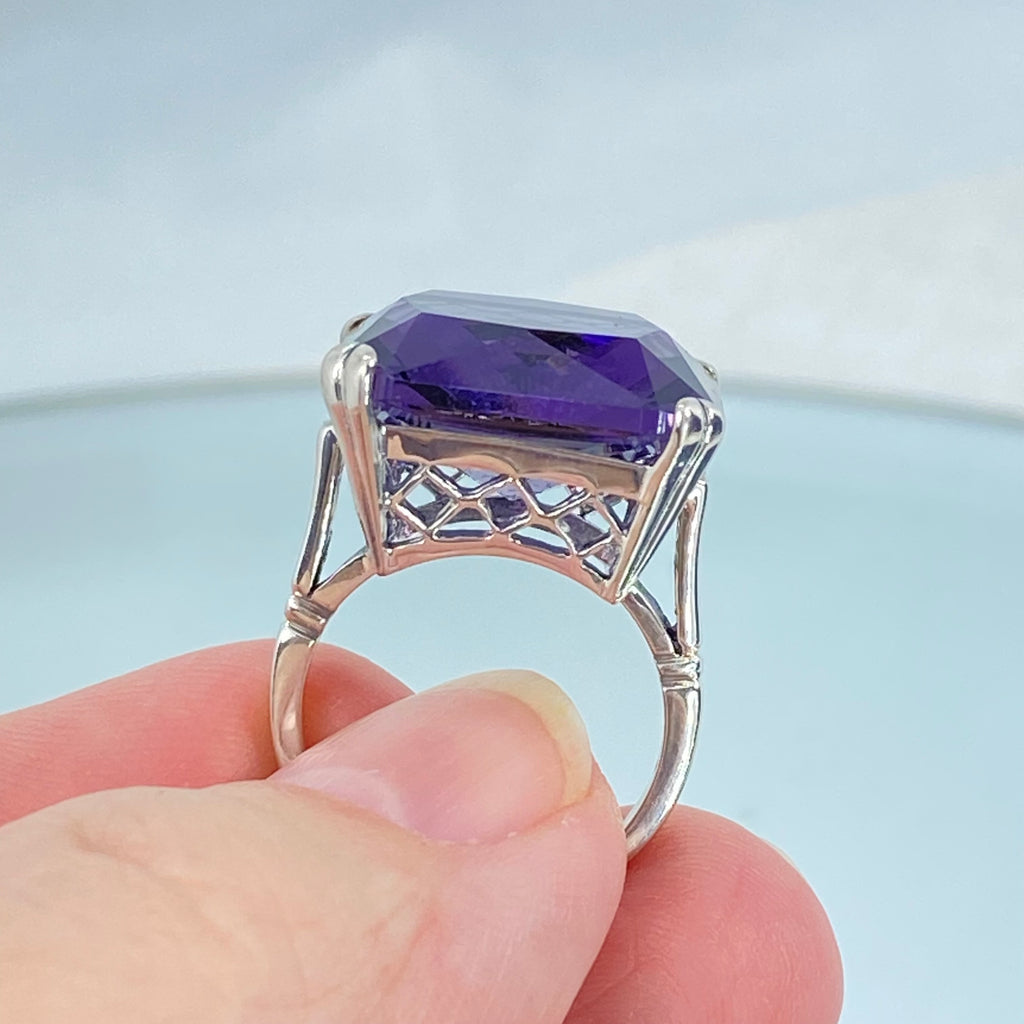 Amethyst Ring, large square purple amethyst gem in crisscross basket-weave filigree art deco styled, D1, silver Embrace jewelry, sterling silver retro style jewelry