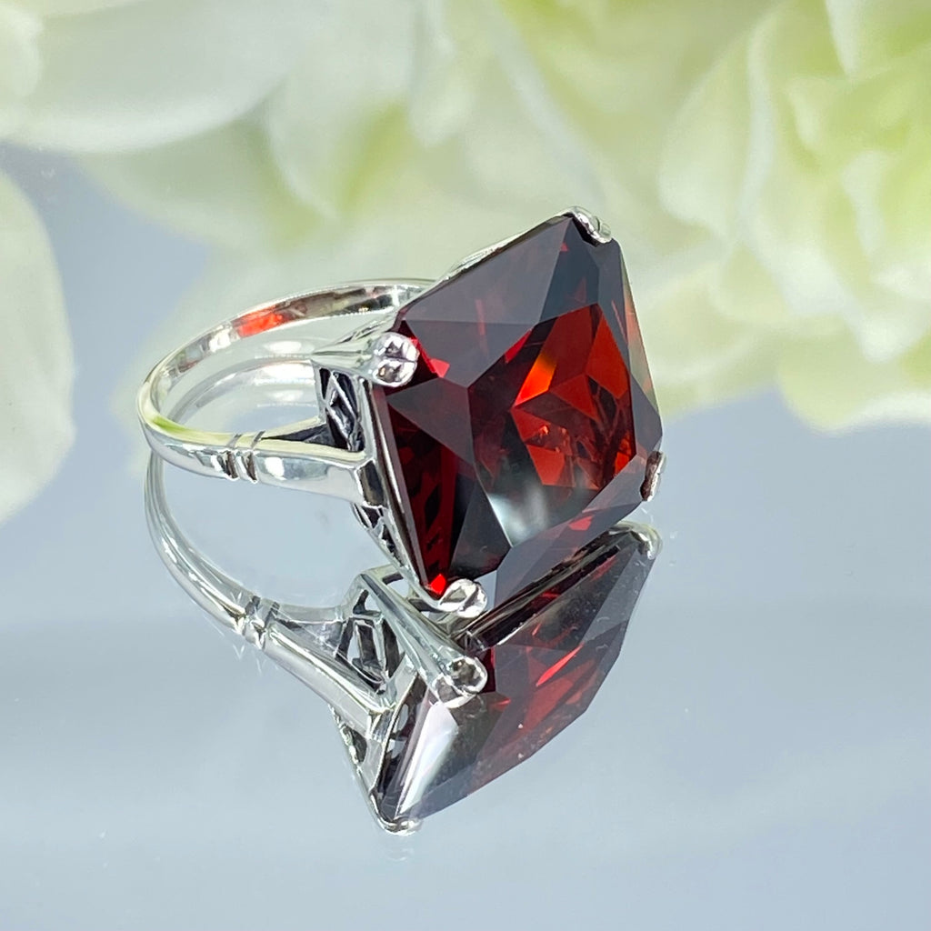 Garnet Ring, Large square Red Cubic Zirconia Garnet gem in crisscross basket-weave filigree, art deco styled ring, Art Deco Jewelry, Silver Embrace Jewelry